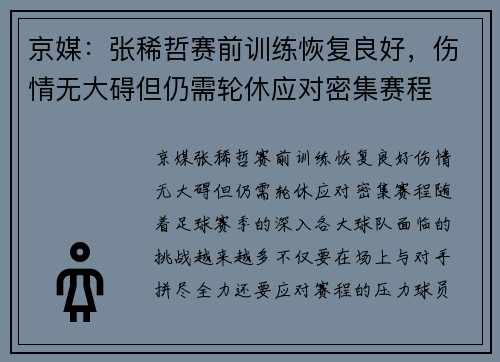 京媒：张稀哲赛前训练恢复良好，伤情无大碍但仍需轮休应对密集赛程