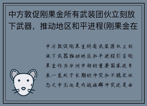 中方敦促刚果金所有武装团伙立刻放下武器，推动地区和平进程(刚果金在打仗吗)